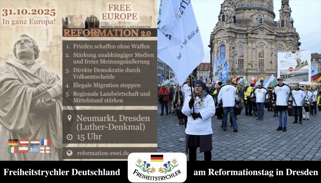 "Team-Fuchs" veranstaltet in Dresden zum Reformationstag am 31.10.2025 eine Grossdemo, zu der die Freiheitstrychler Deutschland herzlich willkommen geheissen werden!